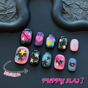 PUPPY家乐队星球星星渐变穿戴甲卡通美甲辣妹彩色手绘y2k暗黑千禧