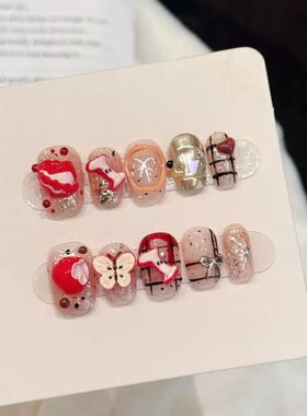 新年苹果红色猫眼纯手工穿戴甲2025圣诞美甲显白高级感短款捏捏