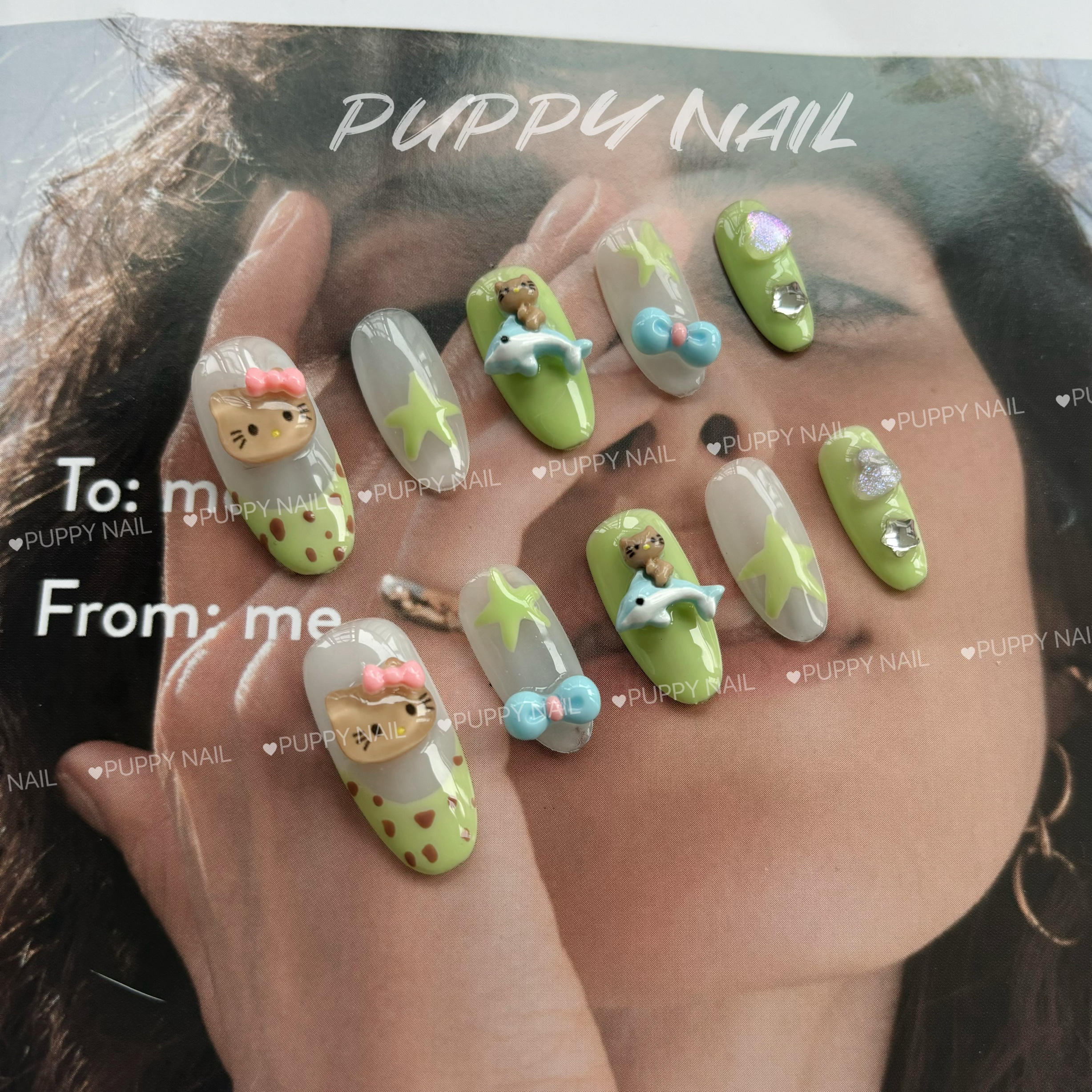 PUPPY家 法式长椭圆绿色多巴胺辣妹美甲黑皮kitty可爱豹纹穿戴甲