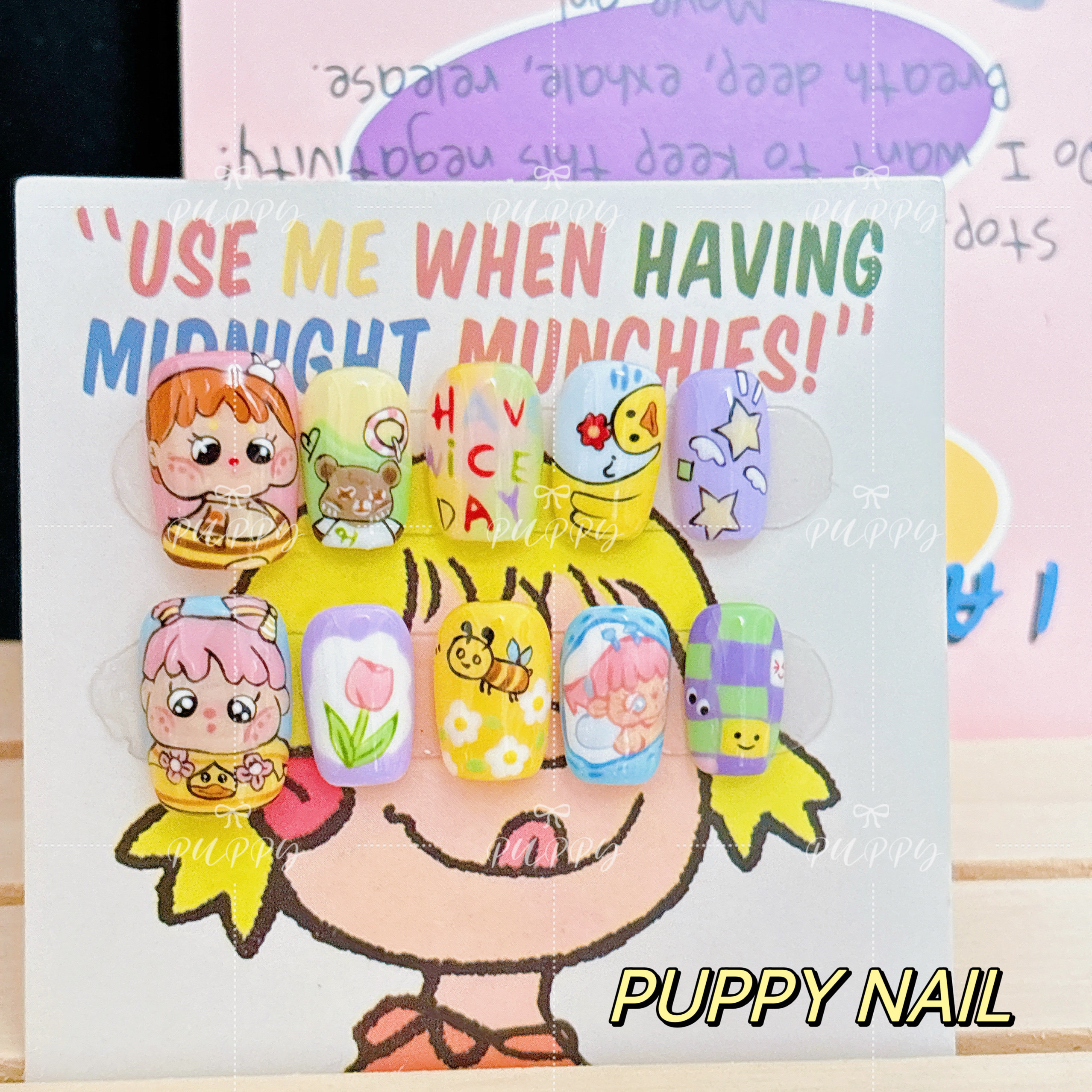 PUPPY家 大胖丫头手绘卡通可爱多巴胺彩色穿戴甲新款花花美甲
