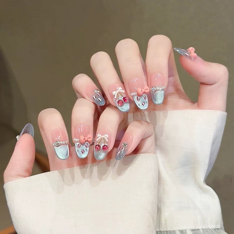 豹纹樱桃猫眼纯手工穿戴甲蝴蝶结猫眼法式温柔珍珠蝴蝶结显白美甲