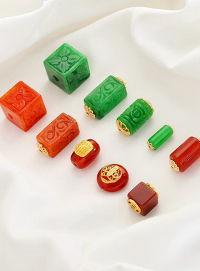天然干青玉红玛瑙红翡四面花方块云纹隔珠diy手链项链串饰品配件