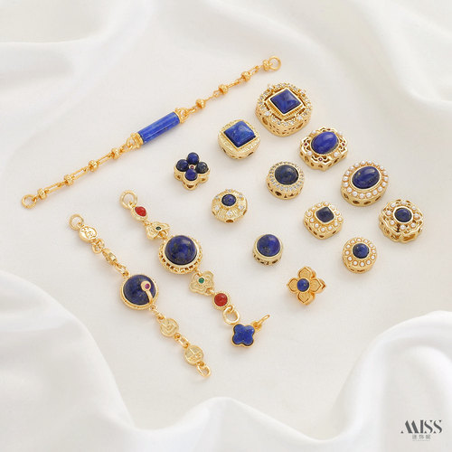 镶嵌天然青金石铜镀真金花式镂空隔珠四叶草吊坠短链diy饰品配件