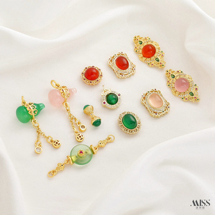 天然石镶嵌玛瑙玉髓葫芦流苏吊坠手牌18K包金保色隔珠diy饰品配件