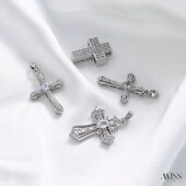 白K白金色保色镶锆石十字架吊坠diy手工锁骨链项链项坠吊饰品配件