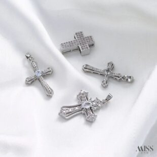 白K白金色保色镶锆石十字架吊坠diy手工锁骨链项链项坠吊饰品配件