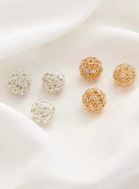 14K包金保色镂空满镶锆石绣球花珠圆珠隔珠diy手链项链串饰品配件