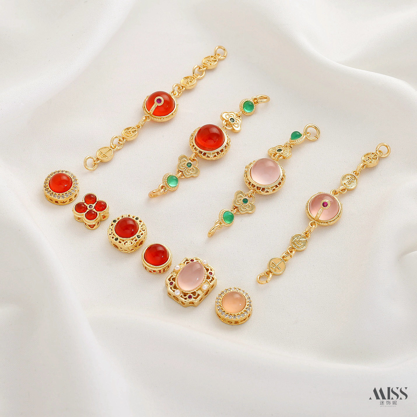 镶嵌天然红玉髓粉玉髓铜镀18K真金保色花式隔珠加长链diy手作配件,饰品/流行首饰/时尚饰品新,其他DIY饰品配件,淘宝优惠券,粉丝福利购,淘宝优惠卷