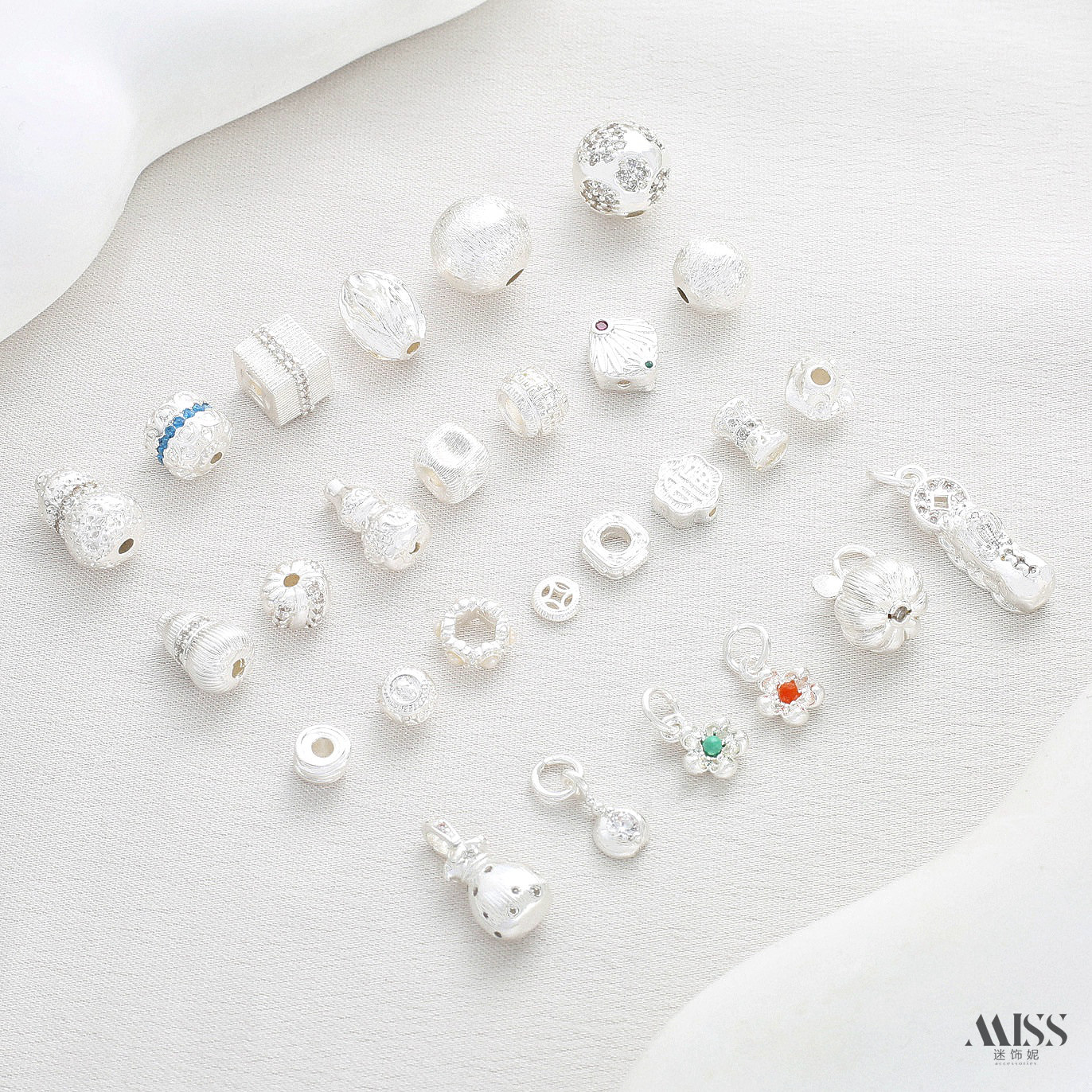 铜镀厚银拉丝铜皮球葫芦魔方珠隔珠绕线隔圈桂花吊坠diy银饰配件