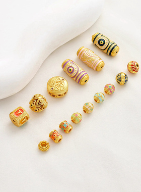 哑金18K包金保色天珠六字箴言铜币扎基拉姆螺鬓隔珠diy串珠饰配件