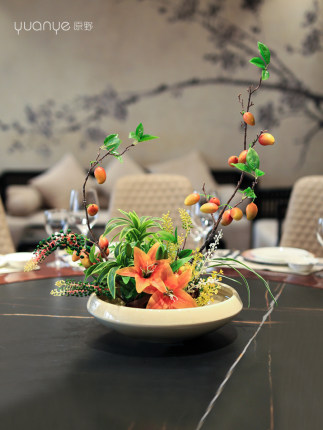 酒店大圆桌转盘中间陈设餐桌花茶室客厅花装饰人造花创意桌