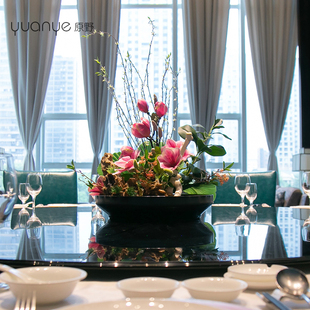 新中式仿真花摆件酒店餐桌花摆花陶瓷假花摆设件餐厅转盘圆桌花艺