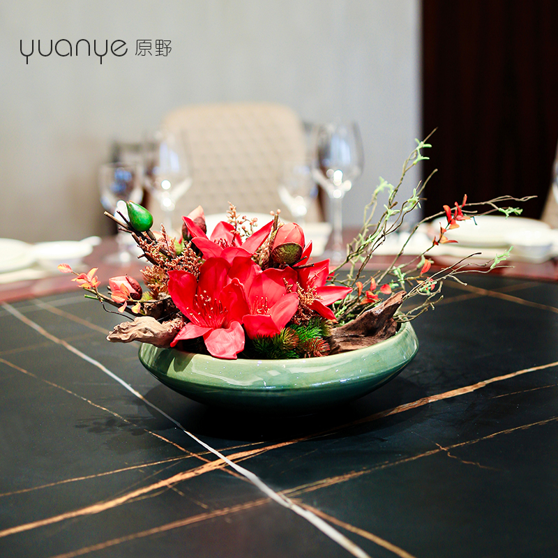 酒店高端餐桌花摆花圆桌转盘中间仿真花摆件餐厅包厢茶室装饰花艺