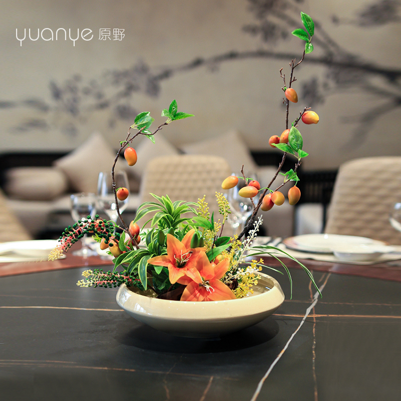 酒店大圆桌转盘中间摆设件餐桌花茶室客厅摆花装饰仿真花创意摆台