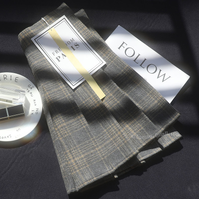 格子百褶裙女秋冬款短款格纹半身裙春高腰a字显瘦黄灰色毛呢短裙