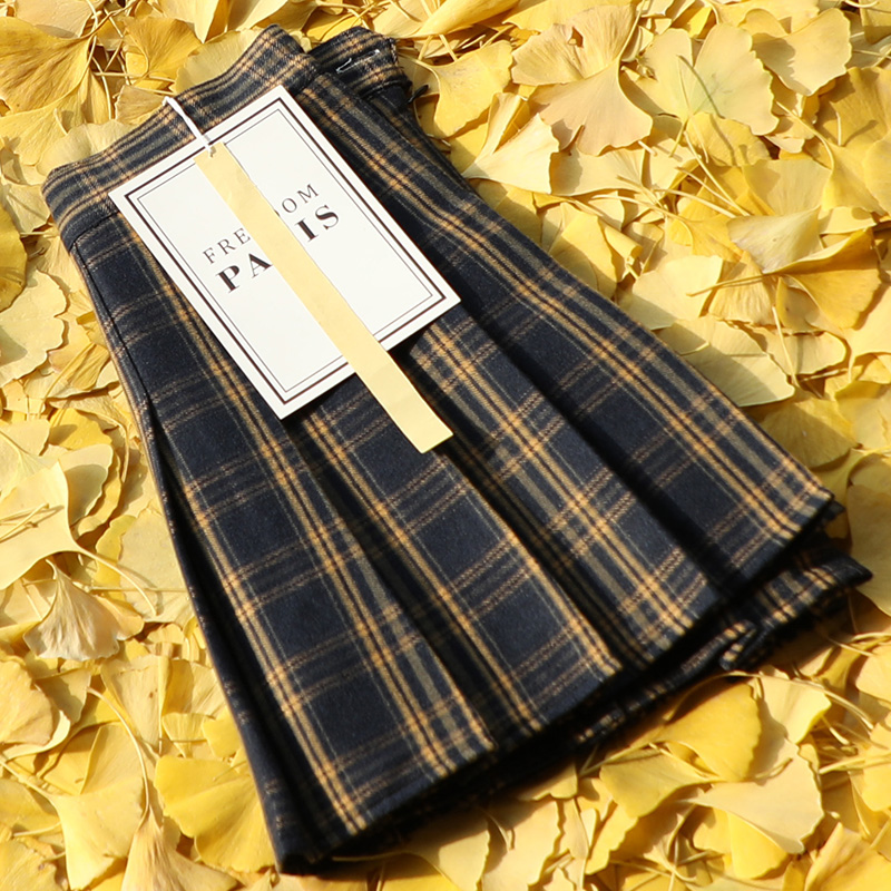 美式复古磨毛面料百褶裙短裙格子