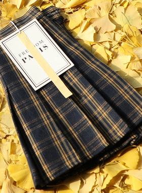 黄色格子百褶裙女短款高腰美式复古春秋磨毛a字半身裙显瘦短裙裤