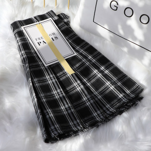 黑白格子百褶裙女春秋冬高腰复古磨毛呢a字半身裙显瘦格纹短裙裤