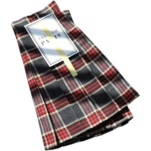 格子百褶裙女高腰秋冬短款百搭毛呢半身裙红色a字英伦学院风短裙