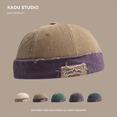 日系复古做旧拼接布标瓜皮帽男女春秋百搭雅痞街头潮流破洞地主帽