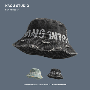 潮牌美式 破洞渔夫帽子街头嘻哈字母涂鸦水洗牛仔盆帽逛街出游