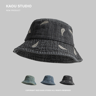 日系潮牌刺绣牛仔渔夫帽子女街头百搭显脸小户外出游遮阳盆帽男士