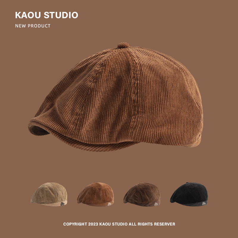 秋冬复古灯芯绒潮牌前进帽女日系街头古着文艺贝雷帽英伦画家帽男