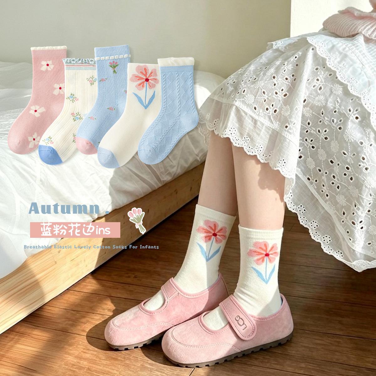 女童袜子春秋森系中筒袜花边花朵复古秋冬季抗菌无骨森系儿童袜子