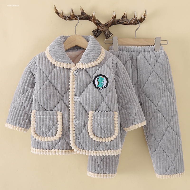 儿童睡衣冬季加厚款中长夹棉法兰绒珊瑚绒秋冬天中大童男童家居服