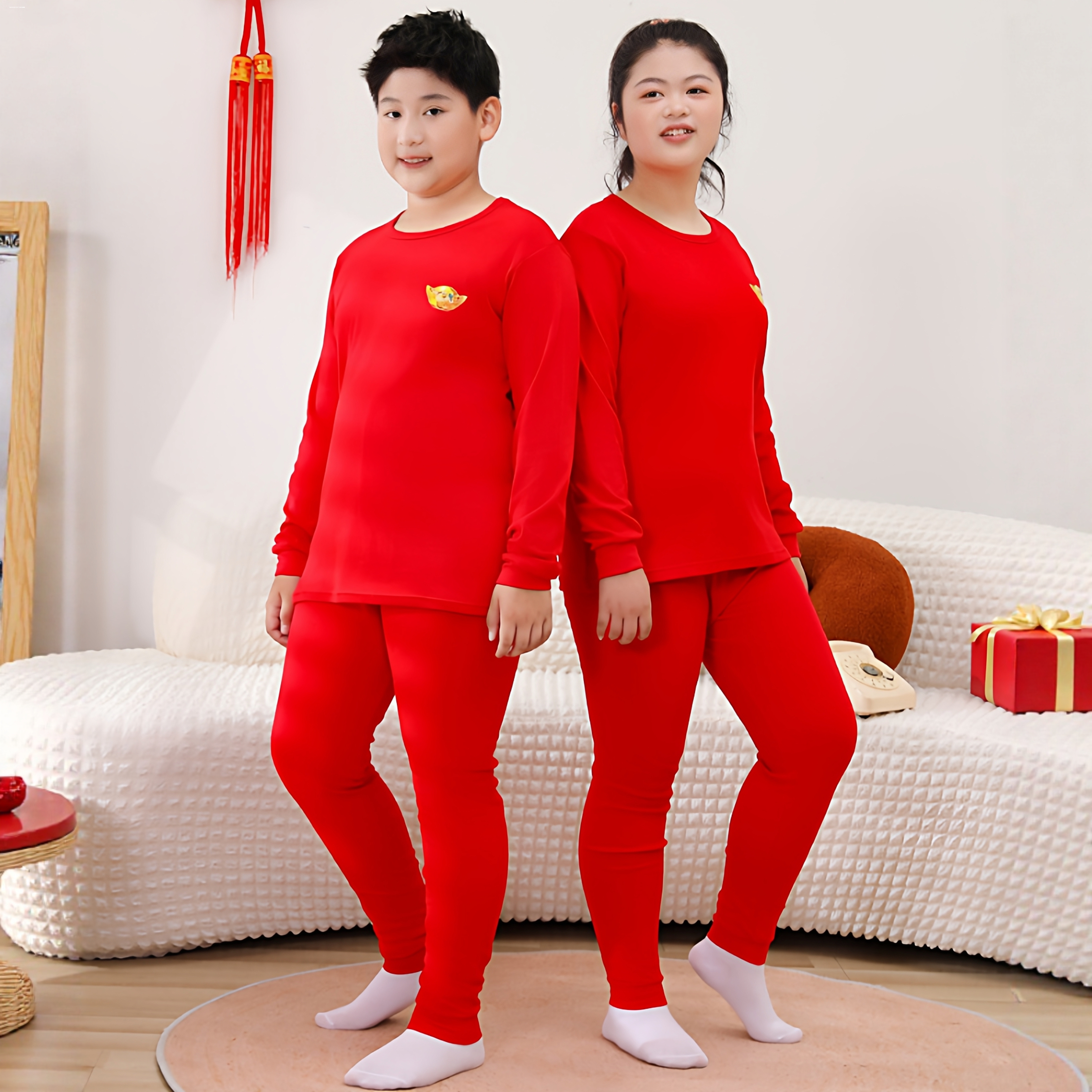 胖童男童内衣套装加肥本命年中大童胖儿童大红色纯棉秋衣秋裤宽松