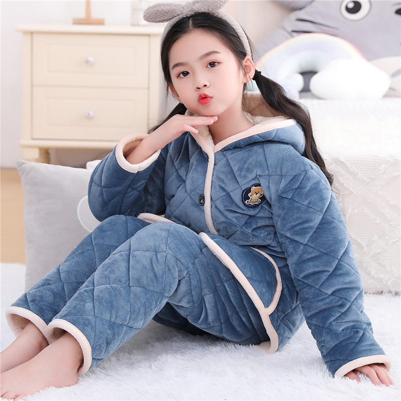 三层加厚夹棉法兰绒儿童装冬季冬天小宝宝小男孩子睡衣女童家居服