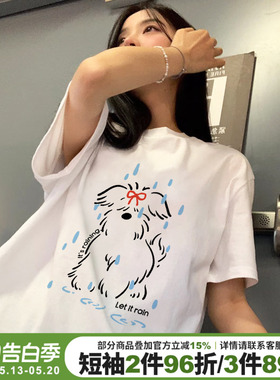 小众设计感卡通狗狗印花白色短袖t恤女chic慵懒风宽松纯棉上衣夏