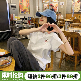 韩系简约风纯棉百搭花灰色短袖t恤女小众超火宽松打底衫半袖上衣