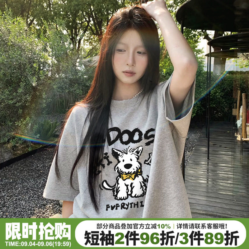 日常休闲风宽松大版灰色短袖女夏图片