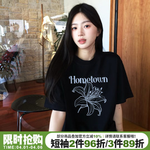 韩系慵懒风宽松休闲黑色短袖 设计感正肩上衣潮 t恤女2026春夏新款
