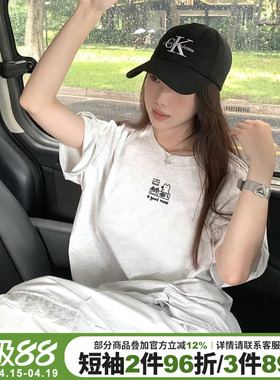 2026夏季新款高级感简约风花灰色短袖t恤女宽松休闲百搭正肩上衣