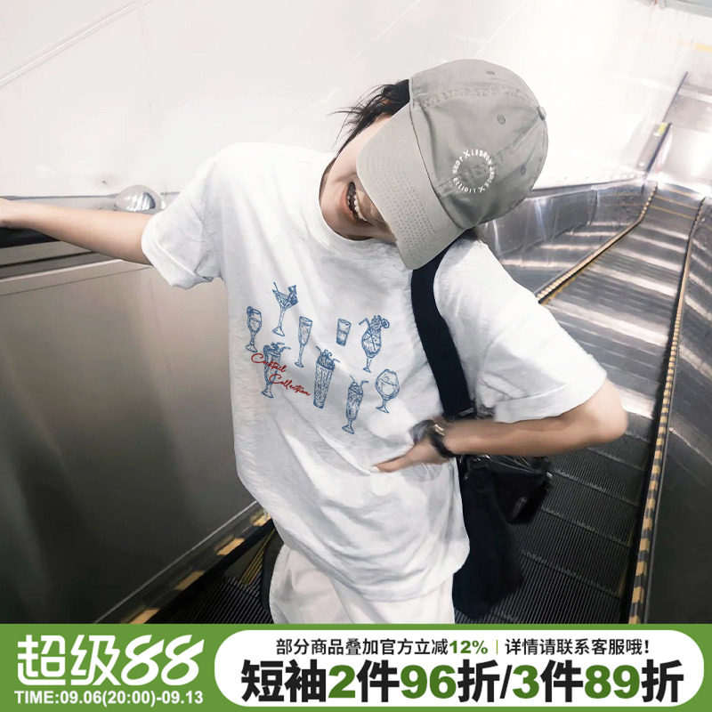 美式学院风宽松纯棉花灰色短袖女图片