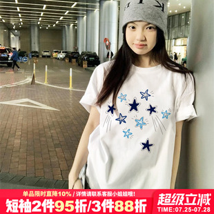 美式 ins风百搭纯棉正肩上衣夏 复古星星印花白色短袖 t恤女2025新款