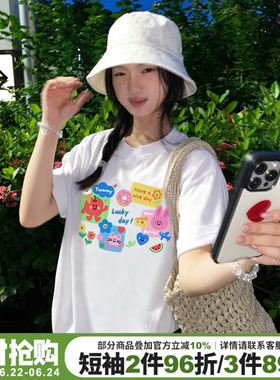超火小众ins风涂鸦印花白色正肩t恤女短袖设计感宽松休闲半袖上衣