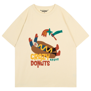 vintage美式复古风奶呼呼杏色短袖女t恤小众学院风纯棉正肩上衣夏