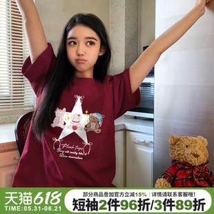 美式复古学院风可爱卡通印花酒红色短袖t恤女超显白宽松重磅上衣
