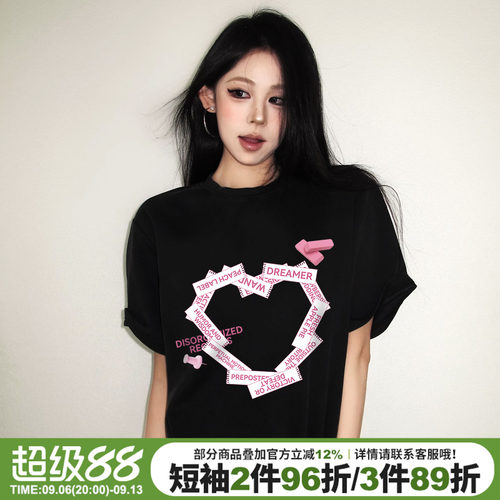 美式甜心风设计感爱心印花短袖女
