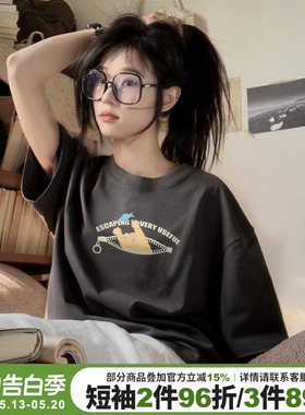 vintage复古风通勤百搭深灰色短袖t恤女宽松显瘦纯棉正肩半袖上衣