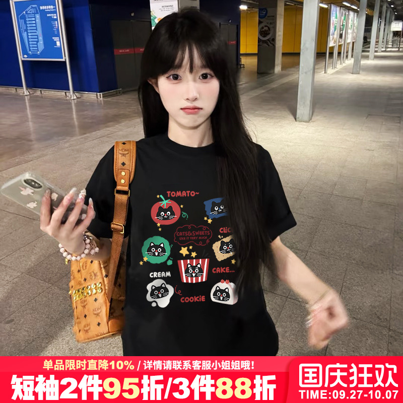 美式复古风宽松纯棉黑色短袖女夏