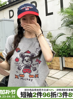 2026夏季新款灰色短袖t恤女韩版减龄卡通米奇印花宽松休闲上衣潮