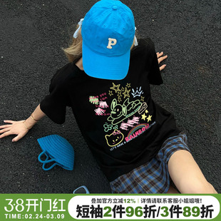 vibe甜酷风卡通涂鸦印花黑色短袖t恤女2025夏季新款宽松显瘦上衣