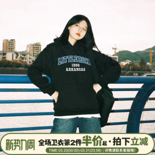 外套 百搭通勤宽松加绒帽衫 美式 学院风黑色连帽卫衣女2026春秋新款