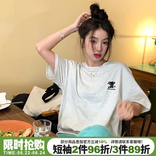 chic甜美风百搭纯棉花灰色短袖女