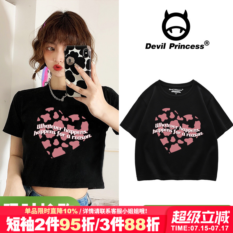黑色爱心印花短款t恤夏辣妹高腰