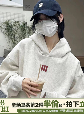 美式慵懒风设计感韩系宽松花灰色连帽卫衣女2025秋冬新款加绒上衣